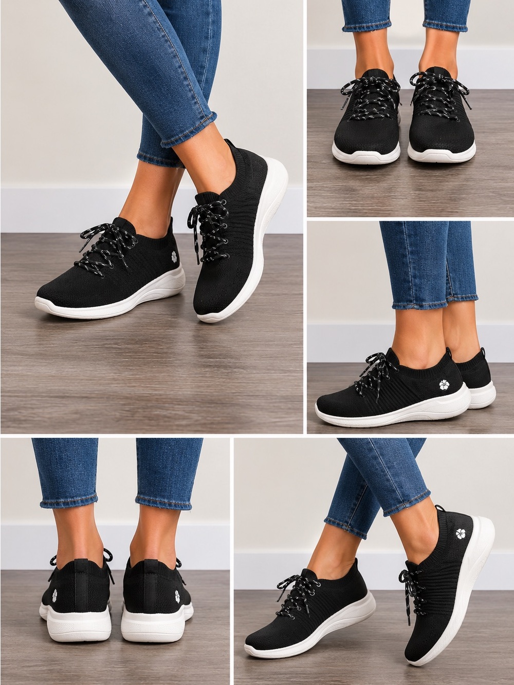Lightweight Black Knit Slip-On Sneakers with White Sole